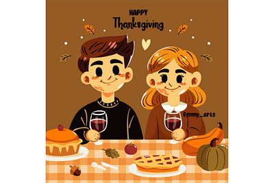 Thanksgiving Celebration Illustration autumn celebration couple culture decoration dinner event fall family feast festival food gathering holiday meal people thanksgiving traditional turkey wine