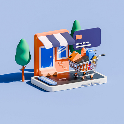 Checkout - Online Shopping Illustration 3d 3d illustration animation artdirection blender 3d illustration isometric low poly online shop online shopping ui