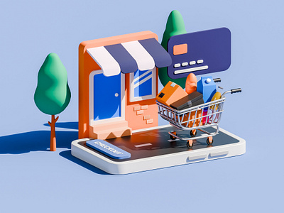 Checkout - Online Shopping Illustration 3d 3d illustration animation artdirection blender 3d illustration isometric low poly online shop online shopping ui