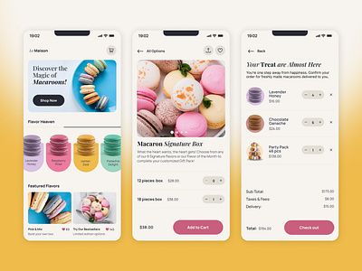 Le Maison Macaroon App appinterface customflavors dessertdesign elegantaesthetic luxurybrand macaronsapp mobileappdesign orderonline pastelcolors productshowcase uiuxdesign