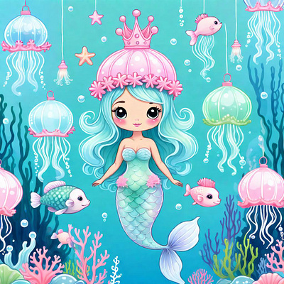 Kawaii Mermaid Princess cute art digital illustration kawaii art mermaid underwater fantasy whimsical