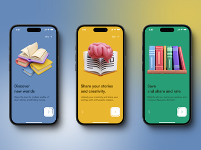 onboarding screens - stories app 3d design figma mobile onboarding story ui uidesign userexperience userinterface ux uxdesign uxui