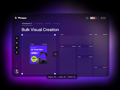 Theye - AI-Powered Mass Creative Generation for E-commerce ad design ad tech ad templates ai animation creative automation creative platform dark dashboard dynamic ads interface marketing automation motion graphics ui ux video ads