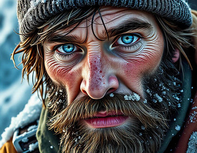 Frozen Resolve: A Gritty Portrait of Determination adventure coldweather determination extremeconditions face illustration freepik frozen frozenlandscape mountainclimbing mountaineer mountaineering naturephotography outdoor peakambition portraitphotography ruggedbeauty survival survivalspirit tracingflock weatheredface