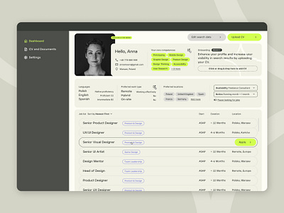 Consultant dashboard with a job list dashboard job application job list lime list table ui ux web design