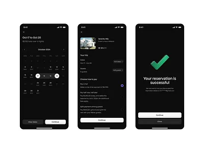Vacation rental app - reserve stay book a hotel calendar checkout date picker payment details payment method reservation reserve app select date split payment success state travel app vacation app
