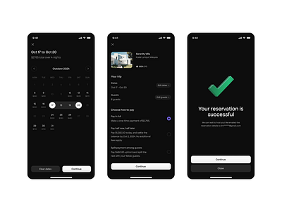 Vacation rental app - reserve stay book a hotel calendar checkout date picker payment details payment method reservation reserve app select date split payment success state travel app vacation app