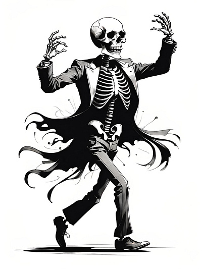 Dapper Skeleton contemplating dancing design digital graphic skeleton skull tattoo walking watercolor