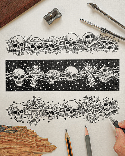 Tangled Skulls and Thorns Tattoo Bracelet black and white illustration emblem design engraving illustration illustration pencil illustration skulls tattoo sketch tattoo design sketch tattoo illustration thorns tattoo sketch vintage illustration wrist tattoo design