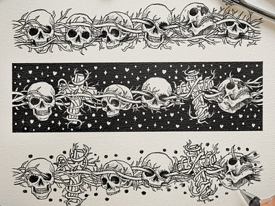 Tangled Skulls and Thorns Tattoo Bracelet black and white illustration emblem design engraving illustration illustration pencil illustration skulls tattoo sketch tattoo design sketch tattoo illustration thorns tattoo sketch vintage illustration wrist tattoo design