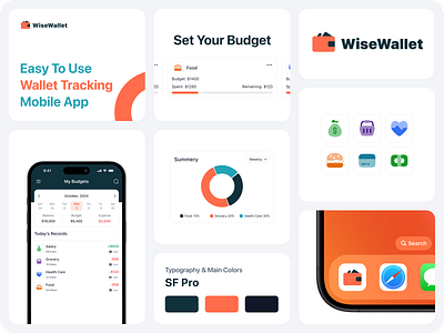 Wallet Tracking Mobile App Design analytics android app design bento branding expense figma ios minimal mockup modern money orange simple ui ux visual wallet