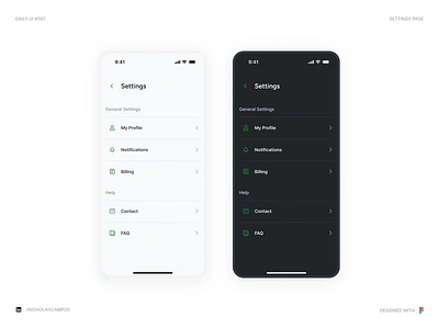 Settings Page Design | Daily UI #007 007 challenge clean clean ui daily ui 007 dailyui dailyui007 dailyuichallenge green menu mobile my profile my settings neutral profile settings settings page settings screen ui uidesign