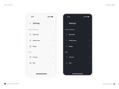 Settings Page Design | Daily UI #007 007 challenge clean clean ui daily ui 007 dailyui dailyui007 dailyuichallenge green menu mobile my profile my settings neutral profile settings settings page settings screen ui uidesign