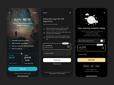 Paywall Designs for Mobile Apps- Dark Mode darkmodeui designsystem illustration mobileappdesign paywalldesign plans subscription uiux visual design