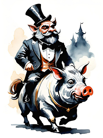 Simply a classy dwarf riding a handsome pig. classy digital dwarf funny handsome illustration pig riding stylish watercolor