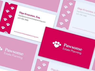 Pawsome Estate Planning Business Card brand branding business card design graphic design lawyer logo marketing paw pink professional