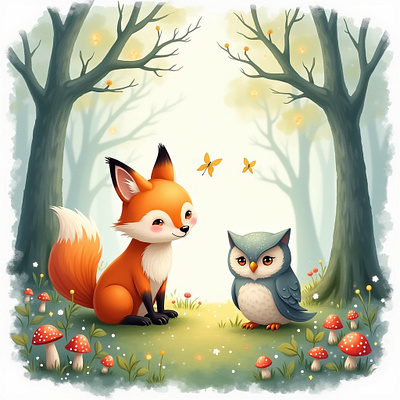 Woodland Friends | Fox & Owl cute animals digital illustration fantasyart kawaii illustration nature inspired whimsical art woodland creatures