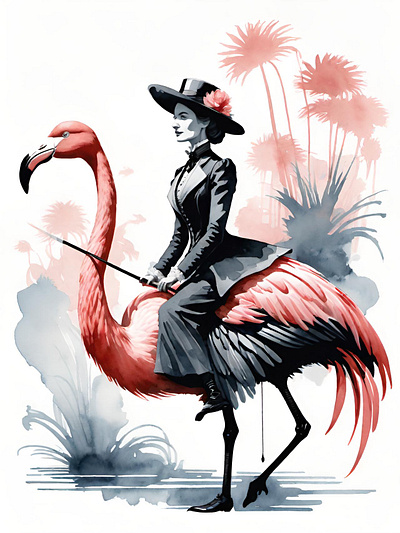 Always a lady digital flamingo funny illustration lady victorian vintage watercolor