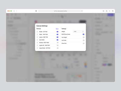 Canvas Settings canvas settings clean minimal modal no code builder popup preference settings page ui ux website builder widget