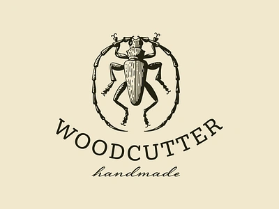 Woodcutter brand bug design engraving insect logo oldstyle vector