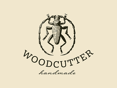 Woodcutter brand bug design engraving insect logo oldstyle vector