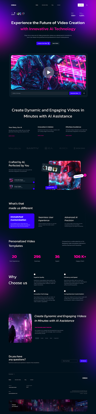 Cineai - Video AI Creation Website ai landing page tech ui ux video website
