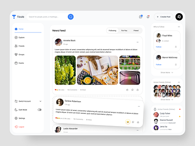 "Tizula" Social Media Platform alif app bar card dashboard design feed media modern nav notification side bar site social ui ux web web design web site website