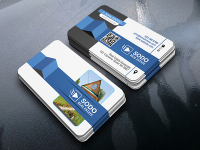 3D business card design with blue, white, black color graphic design