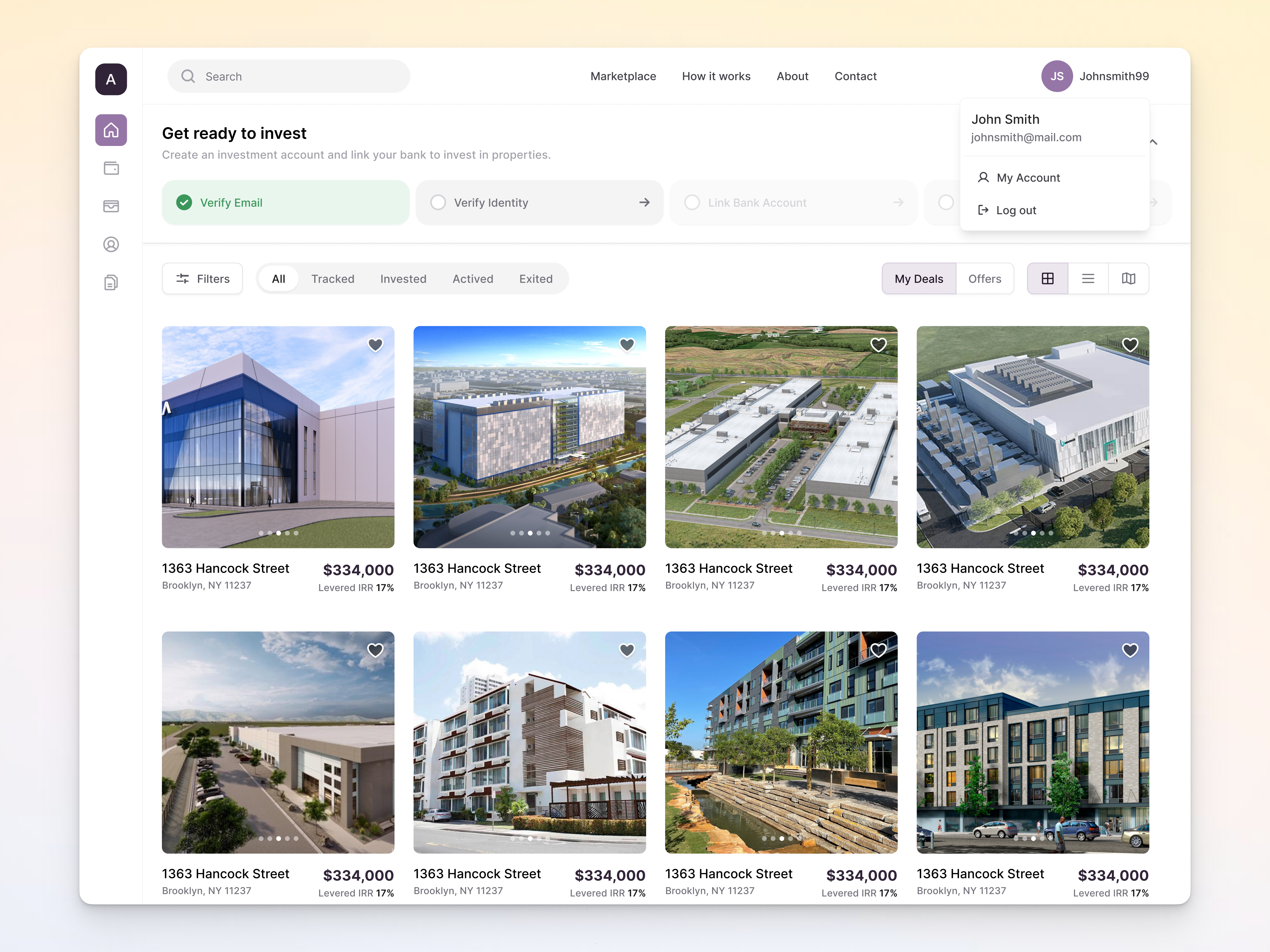 Real Estate Investment Listing UI - Grid-Based Marketplace ahmedabad browse discover dropdown filters grid india list listing profile menu progress steps search