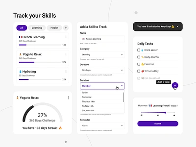 Habit Tracker App - Ui Design app design app tracker ui challenge tracker clean ui daily habits daily tasks design goal setting habit tracker minimal ui personal growth product productivity app progress tracking skill tracker skill tracker ui tracker ui ui design ux