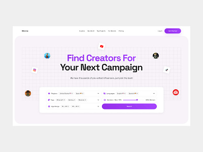 Influencer Discovery Platform creators platform influencer platform influencers instagram platform landing platform platforms purple tiktok platform ui web web design web platform webdesign website youtube platform