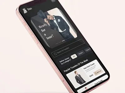 Tuxedo Store card darkmode elegant mobile design store app suits app tuxedo app ui ux