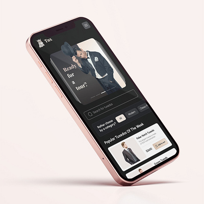 Tuxedo Store card darkmode elegant mobile design store app suits app tuxedo app ui ux