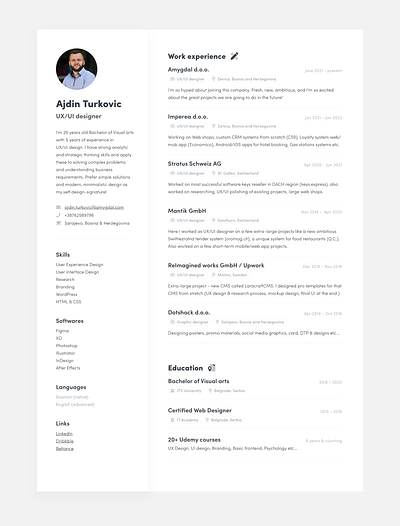 Ajdin Turkovic UX/UI designer CV cv design designer minimal modern ui ux