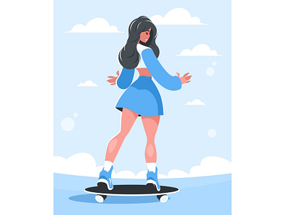 Girl learns to skateboard board cartoon girl illustration longboard skate skateboard skateboarding skater sport vector woman