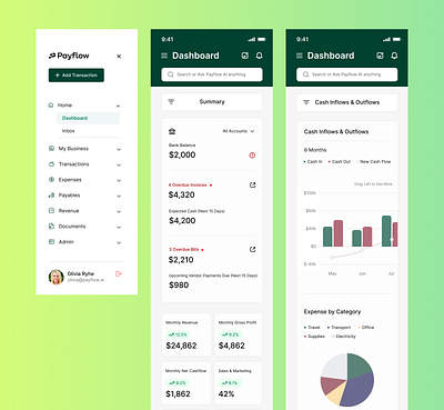 Payflow Mobile UI app branding dashboard design finance fintech green lime logo mobile ui ux vector