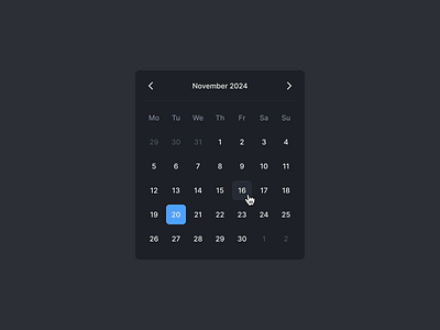 Calendar active calendar calendar component calendar modal component cursor dark mode darkmode date figma hover modal month product design selected ui ux week