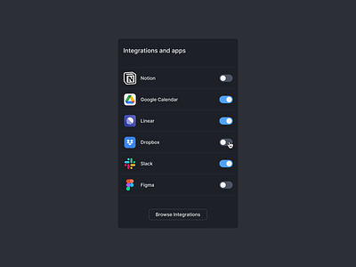 Integration and apps apps browse integration dark mode darkmode design system figma hover integration integrations off on product design toggle ui ux