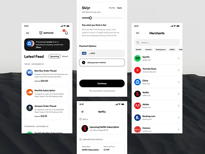 App UI app development bill payment branding credit card design finance illustration mobile app payment product design samurai app split bill subscription typography ui ui ux user experience ux
