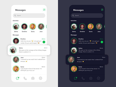 Messenger App UI Comparison Dark & Light Mode comparssion creative interface design dribbbleshots. dribble portfolio messenger app ui uiux uiuxdesign uxdesign