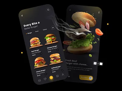 Dark Food App UI app ui creative interface design dribbbleshots. dribble portfolio foodapp ui ui design uiux ux design uxdesign