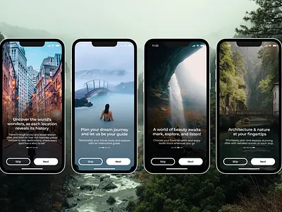 Onboarding screens for a travel app 🚀 cleanui illustration interactivedesign minimaldesign mobile mobileapp onboarding onboardingscreens photobackground travelapp ui uidesign uxdesign