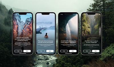 Onboarding screens for a travel app 🚀 cleanui illustration interactivedesign minimaldesign mobile mobileapp onboarding onboardingscreens photobackground travelapp ui uidesign uxdesign