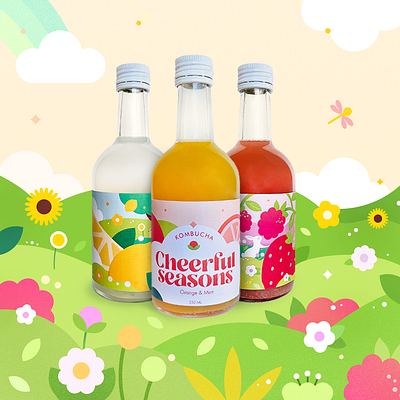 Kombucha: Cheerful Seasons 🍓🍋🍊 Label Design for Plura Studio branding character design cute design digital art icon illustration kombucha label design marketing spring