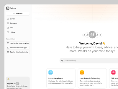Chat AI - Twiks ai ai assistant artificial intelligence chat ai chat bot chat gpt clean conversation ai copy ai dashboard design illustration minimal modern saas search ui ui design uiux whitespace
