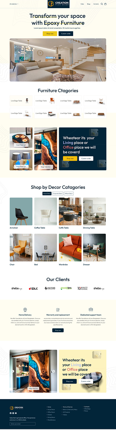 Creation Plus Decor Epoxy Resin Wooden furniture Landing Page. branding clean design furniture landing page landing page minimalistic design ui