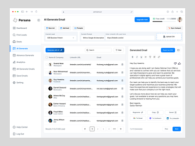 Persana AI – AI Email Generator Dashboard ai assistant ai email generated artificial intelligence artificial intelligence saas automation dashboard design generative ai saas genrative ai lead generation mail marketing outreach tools product design productivity tools saas ai saas design sales automation ui ux design