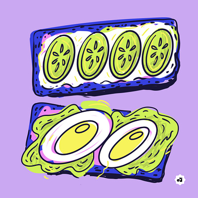 Breakfast 000 breakfast cheese color cook cooking cottage cucumber eating egg food foodillustration illustration morning purple salad sketch toast