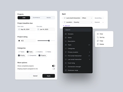 Filter & Sort Components branding cards components crm dashboard dropdown ecommerce filter mobile projects rating saas search sort sorting tool ui ux web app web application