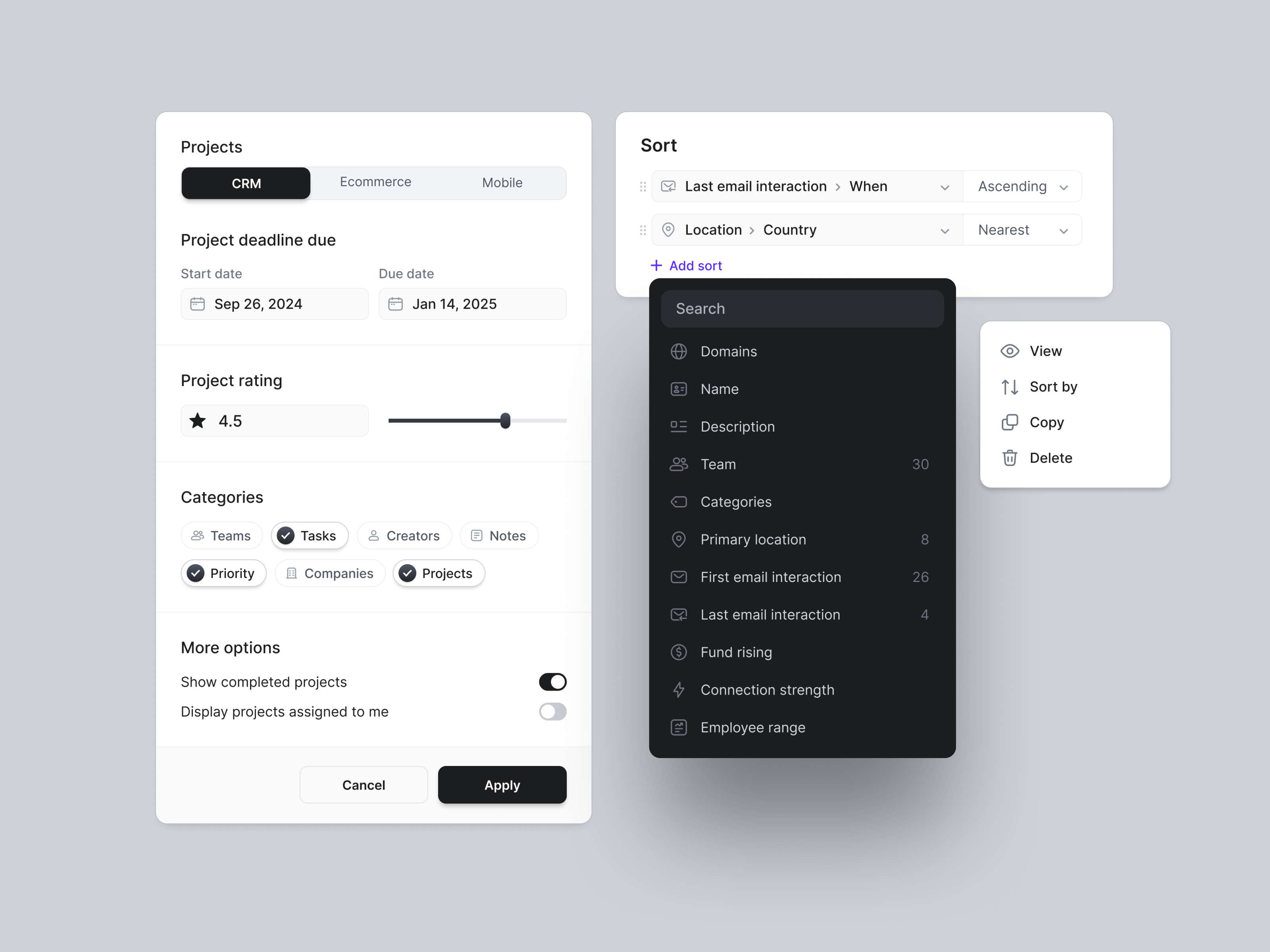 Example of Filter & Sort Components